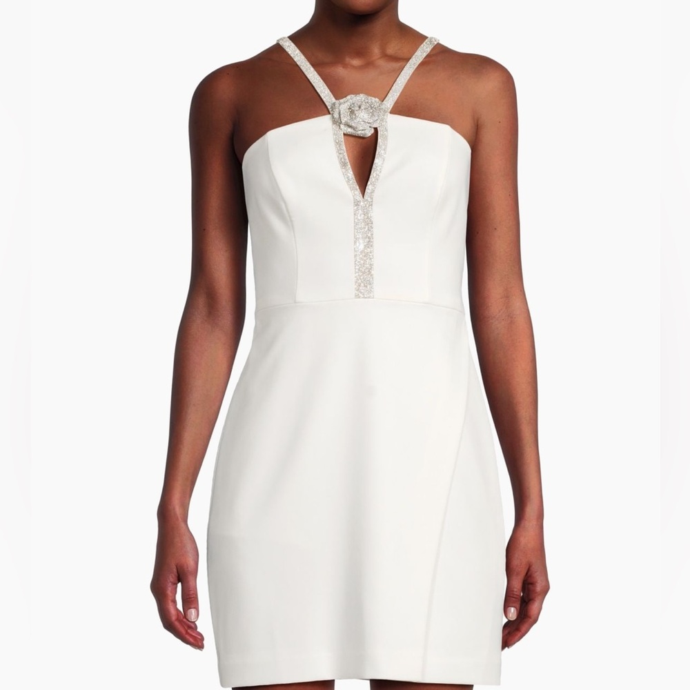 NWT live foster white mini dress with embellished rose detail in front size 4